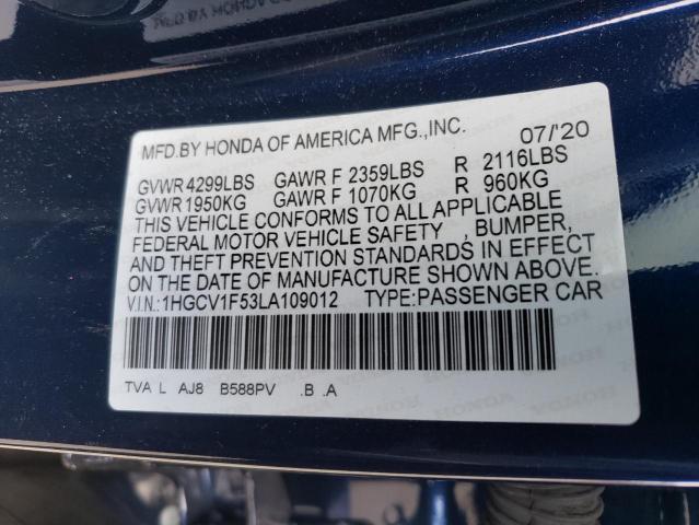 VIN 1HGCV1F53LA109012 2020 Honda Accord, Exl no.12