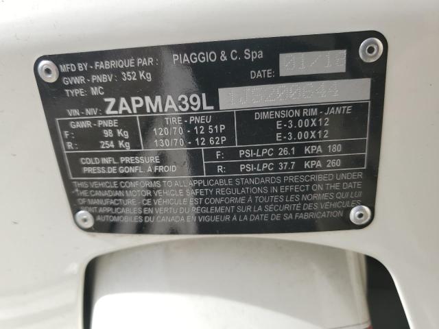 2018 PIAGGIO SCOOTER ZAPMA39L1J5200644