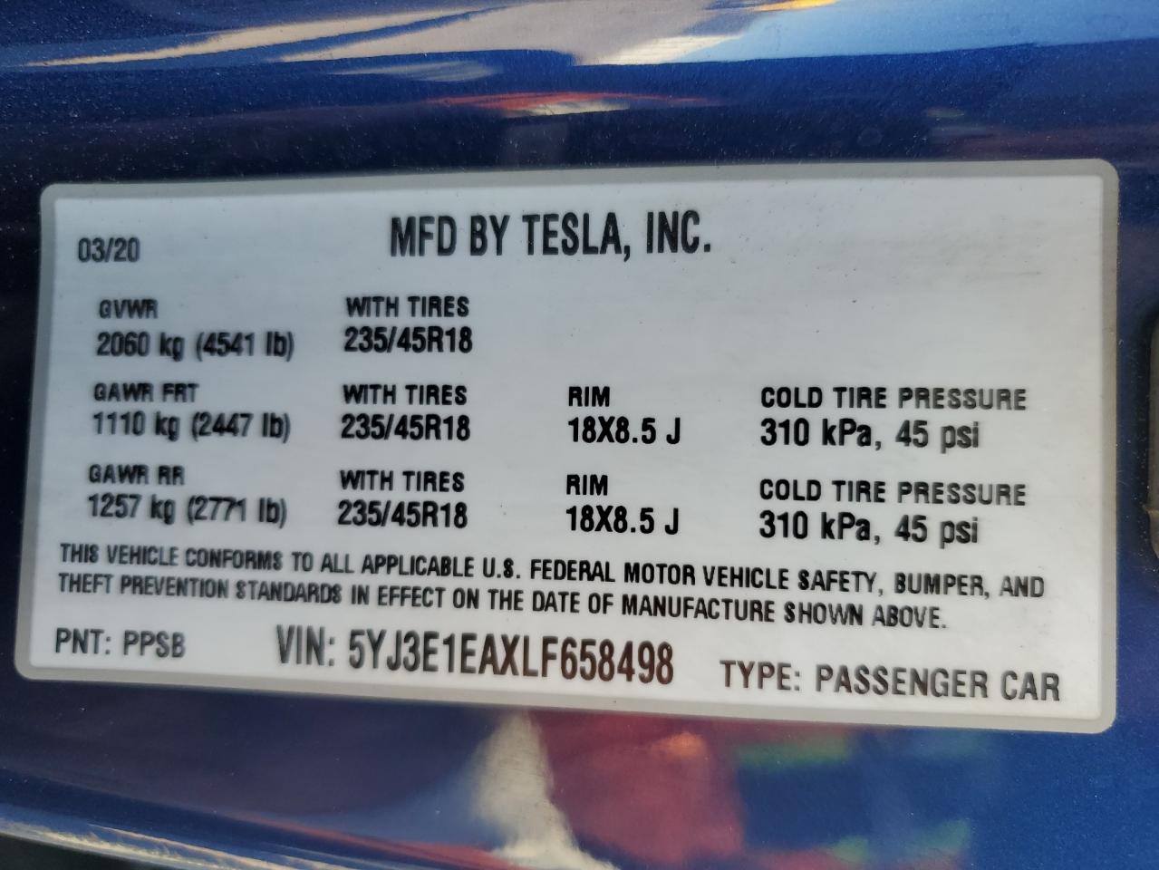 Lot #3029324766 2020 TESLA MODEL 3