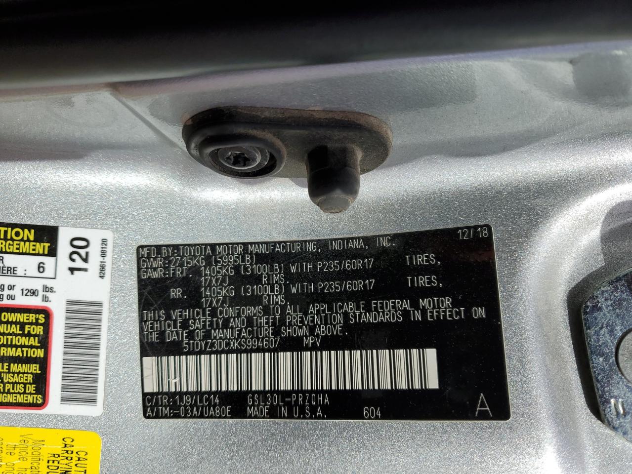 Lot #2921623674 2019 TOYOTA SIENNA XLE