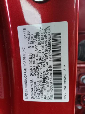 VIN 1HGCV2F51JA018596 2018 Honda Accord, Exl no.12