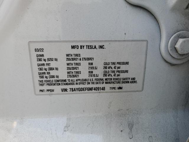 VIN 7SAYGDEF6NF409148 2022 Tesla MODEL Y no.13