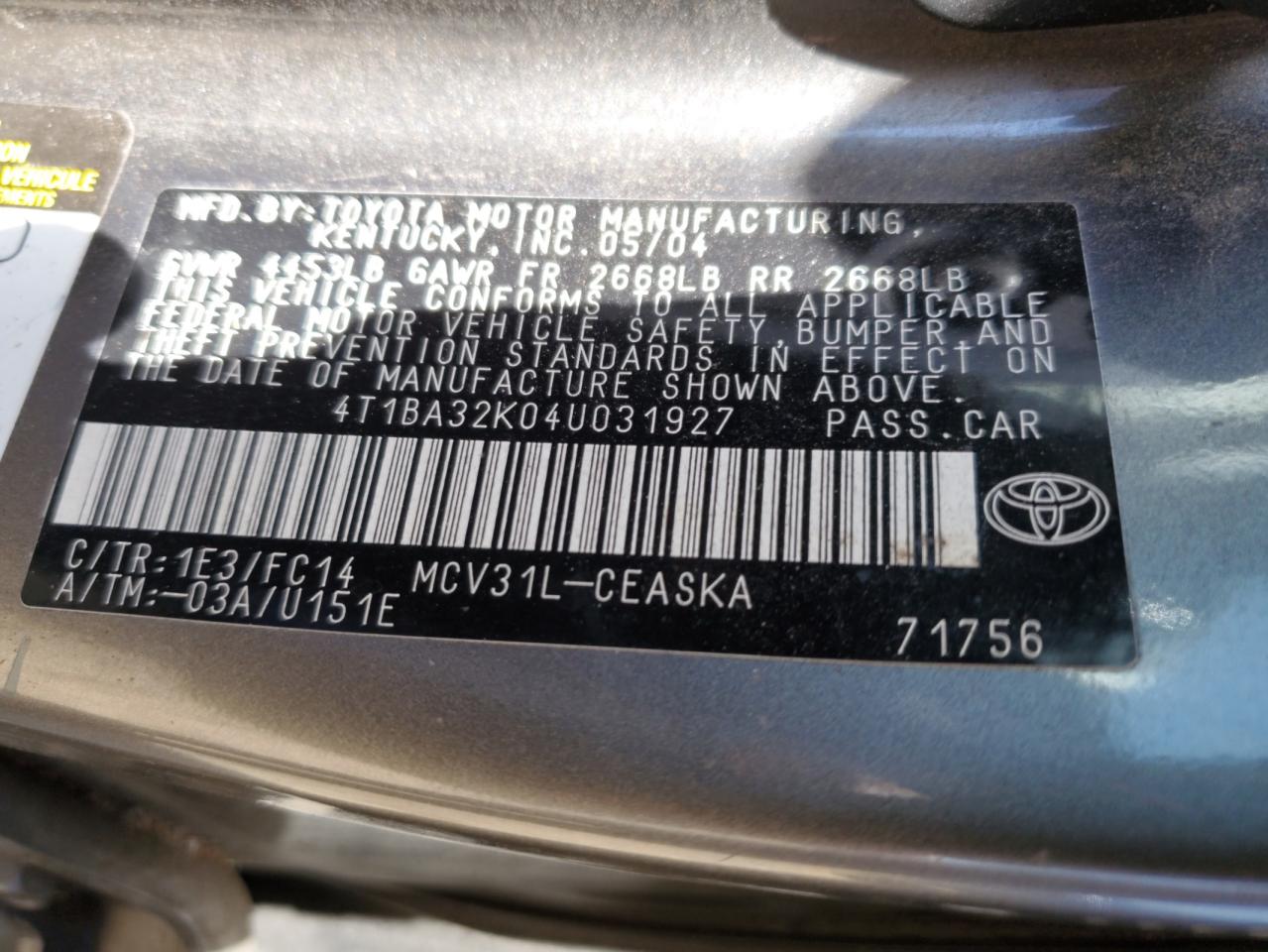 Lot #2960076034 2004 TOYOTA CAMRY LE/X