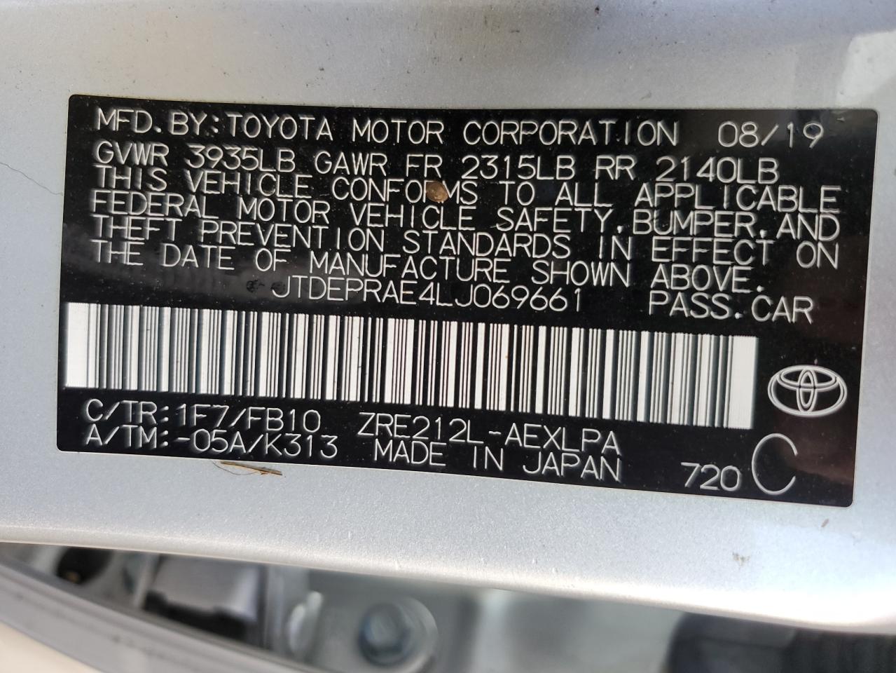 Lot #2979478836 2020 TOYOTA COROLLA LE