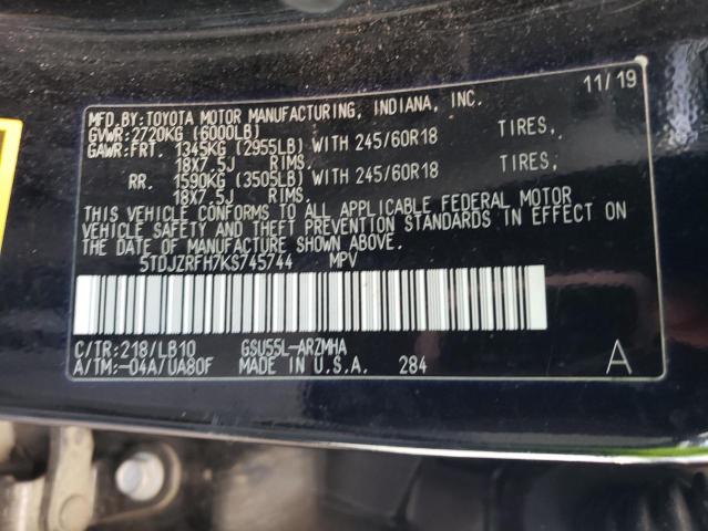 2019 TOYOTA HIGHLANDER - 5TDJZRFH7KS745744