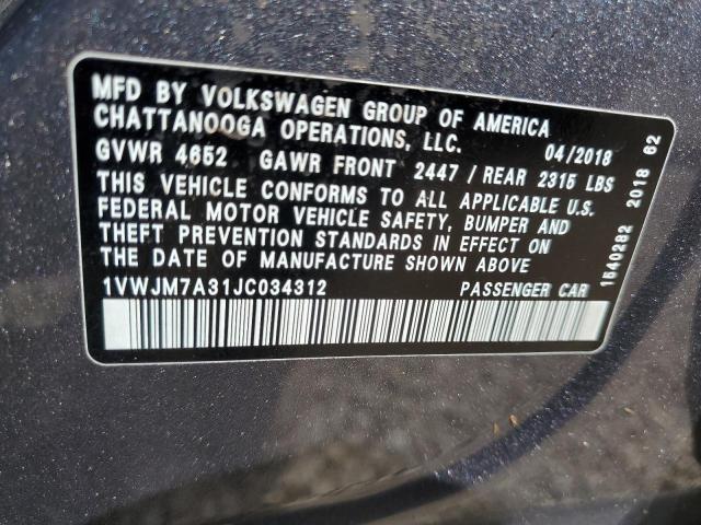 VIN 1VWJM7A31JC034312 2018 Volkswagen Passat, GT no.13