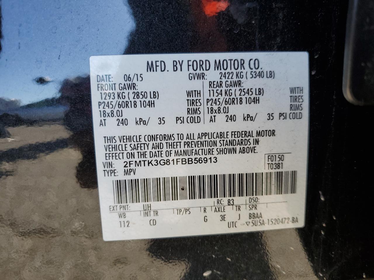 Lot #2935278347 2015 FORD EDGE SE