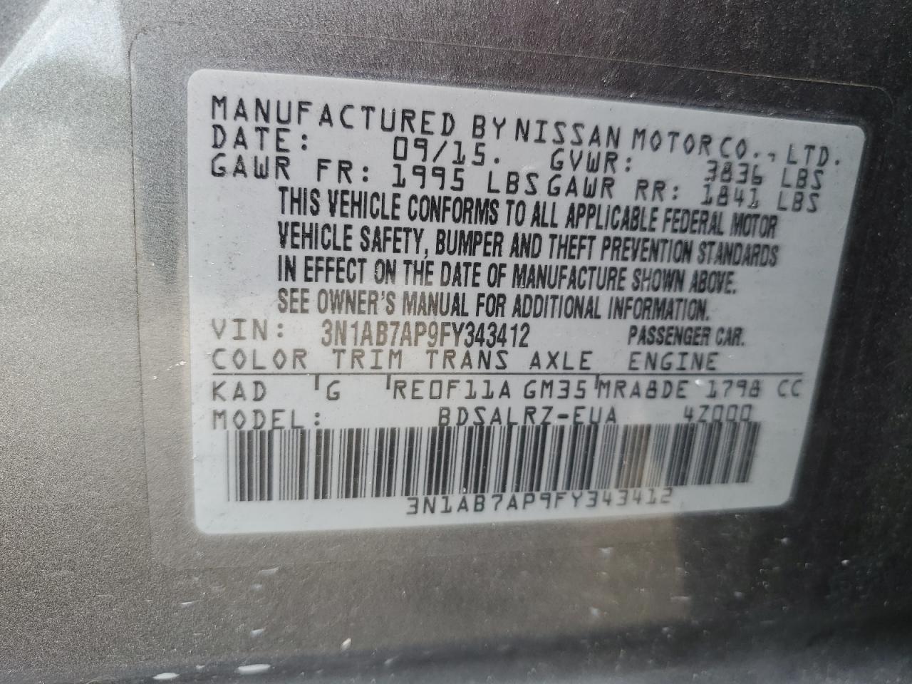 Lot #2885474865 2015 NISSAN SENTRA S