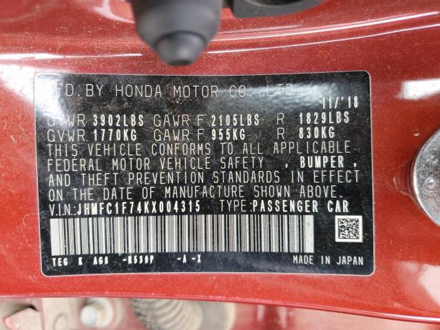 2019 HONDA CIVIC EXL - JHMFC1F74KX004315