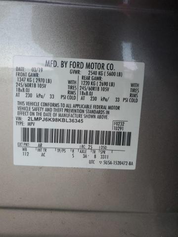 2019 LINCOLN NAUTILUS S 2LMPJ6K98KBL36345