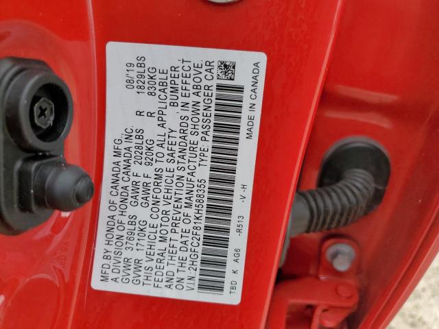 2HGFC2F81KH588355 2019 HONDA CIVIC