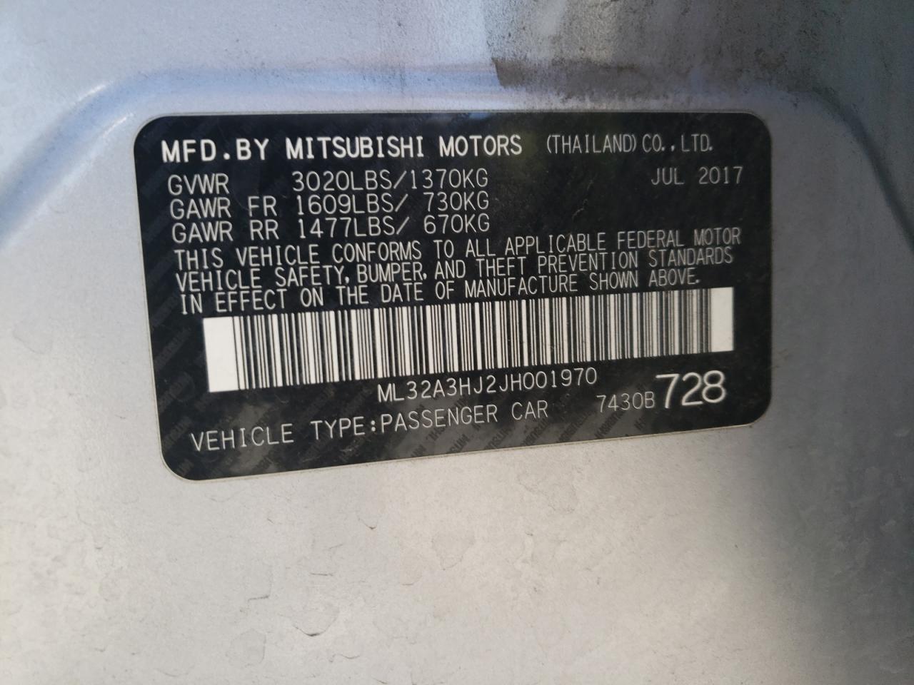 Lot #2977358870 2018 MITSUBISHI MIRAGE ES