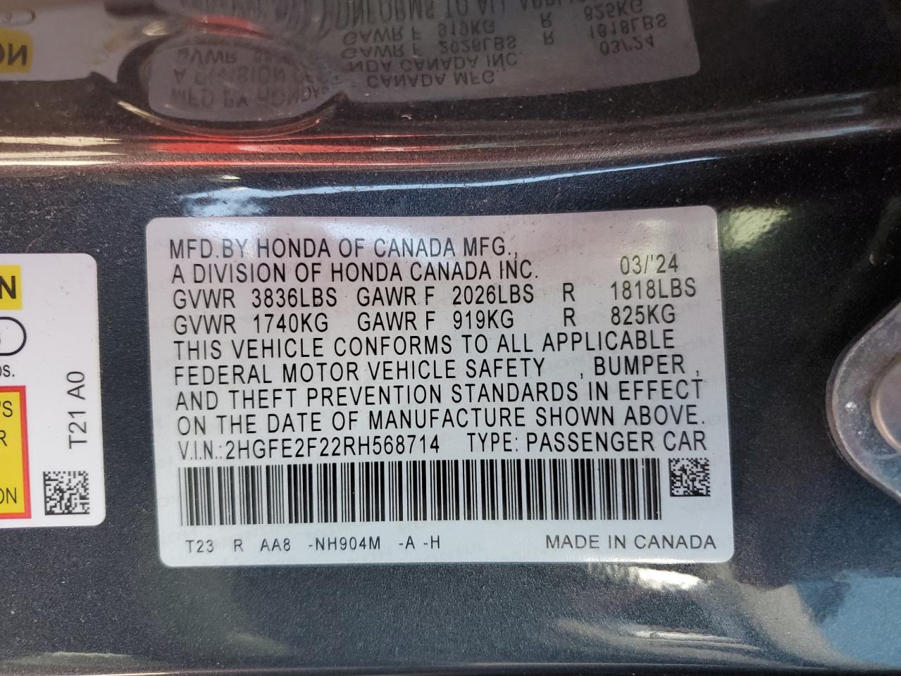 Lot #3021131217 2024 HONDA CIVIC LX