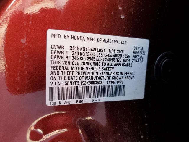2019 HONDA PILOT TOUR - 5FNYF5H92KB003536