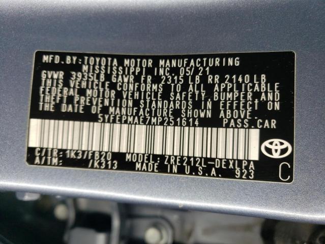 VIN 5YFEPMAE7MP251614 2021 Toyota Corolla, LE no.12