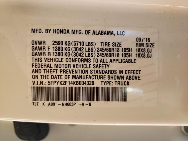 2019 HONDA RIDGELINE - 5FPYK2F14KB004329