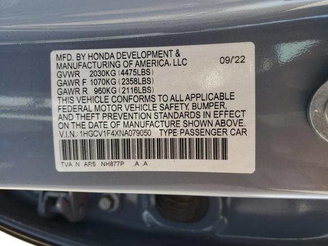 VIN 1HGCV1F4XNA079050 2022 Honda Accord, Sport Se no.12