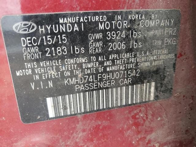 VIN KMHD74LF9HU071542 2017 Hyundai Elantra, SE no.12