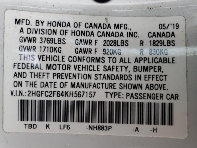 VIN 2HGFC2F64KH567157 2019 Honda Civic, LX no.13