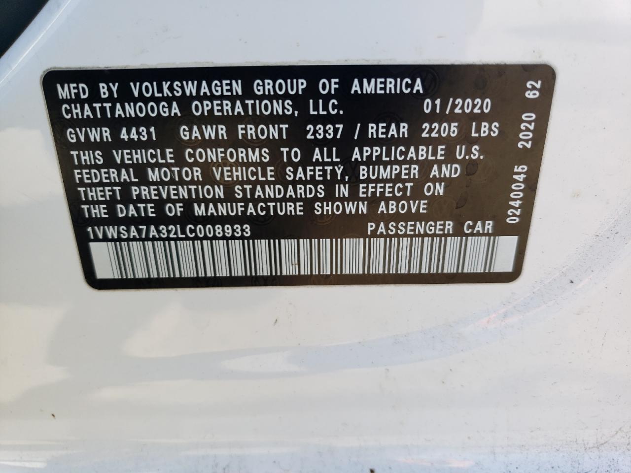 Lot #2986943763 2020 VOLKSWAGEN PASSAT SE