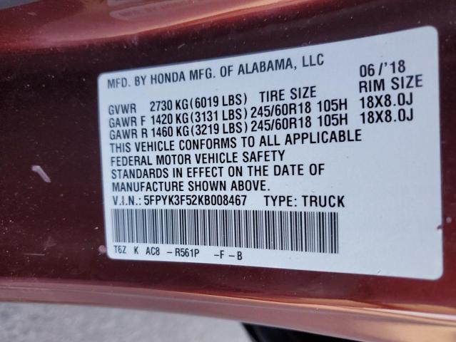 2019 HONDA RIDGELINE - 5FPYK3F52KB008467