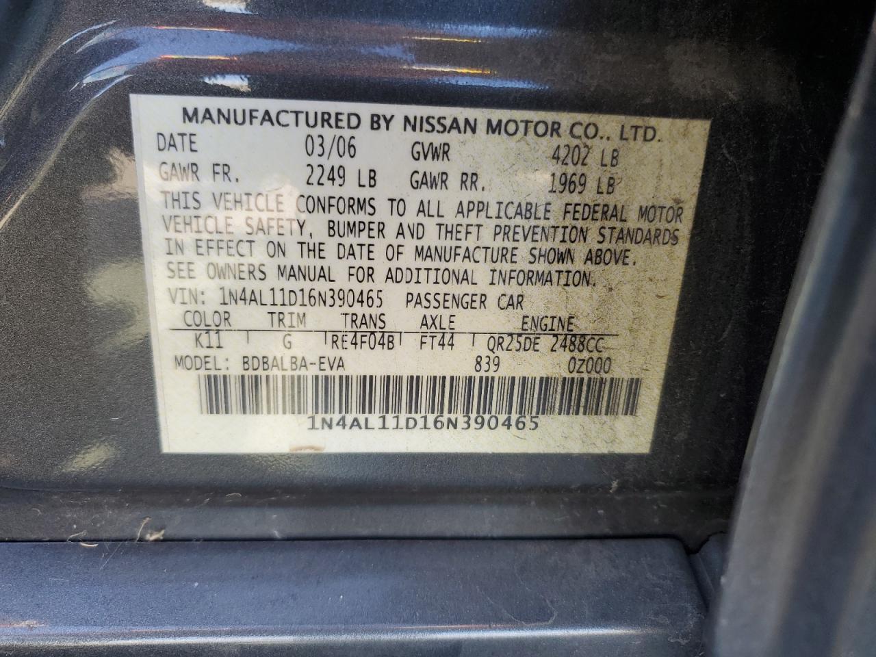 Lot #2970156278 2006 NISSAN ALTIMA S