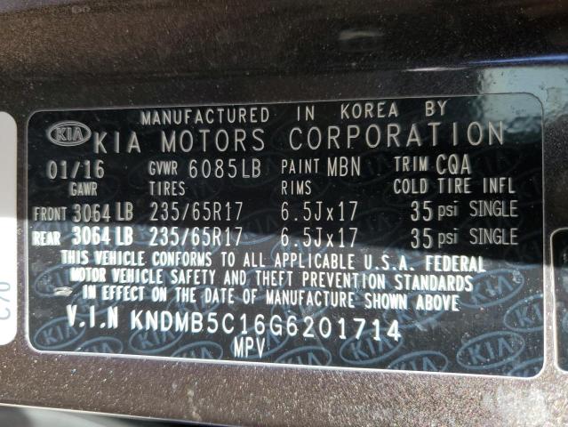 VIN KNDMB5C16G6201714 2016 KIA Sedona, LX no.14