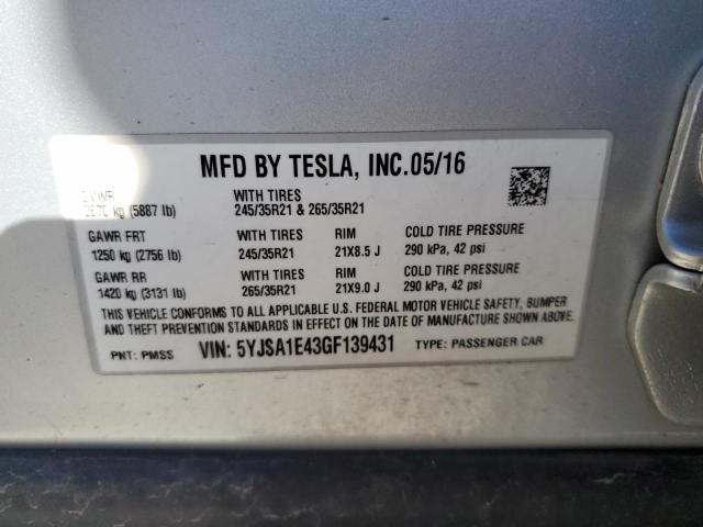 2016 TESLA MODEL S - 5YJSA1E43GF139431