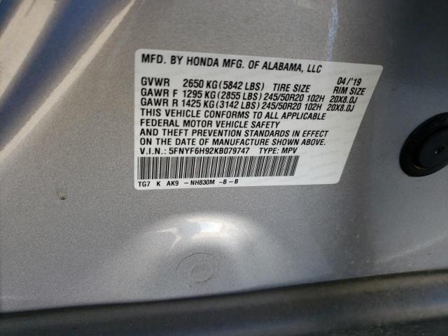 VIN 5FNYF6H92KB079747 2019 Honda Pilot, Touring no.13