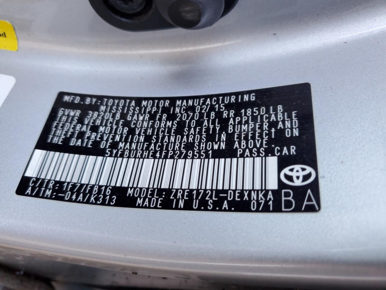 Lot #2926024713 2015 TOYOTA COROLLA L