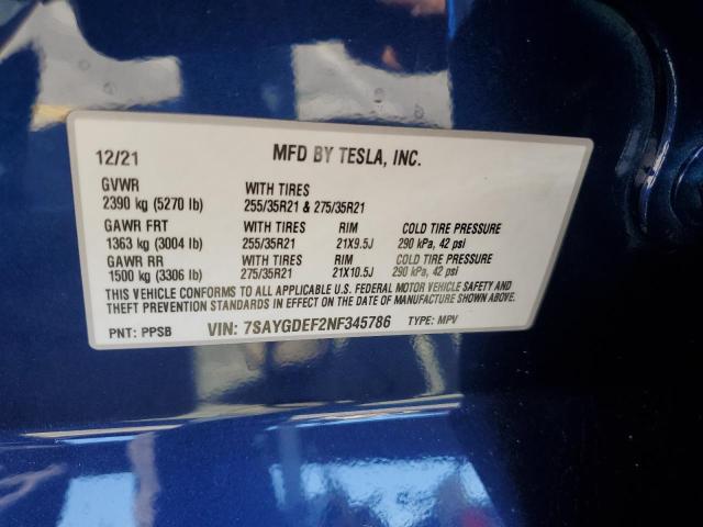 VIN 7SAYGDEF2NF345786 2022 Tesla MODEL Y no.13