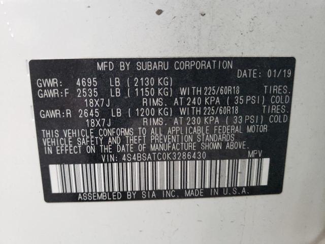 2019 SUBARU OUTBACK TO - 4S4BSATC0K3286430