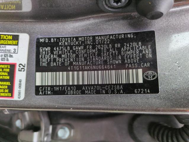 VIN 4T1G11AK6NU664641 2022 Toyota Camry, SE no.13