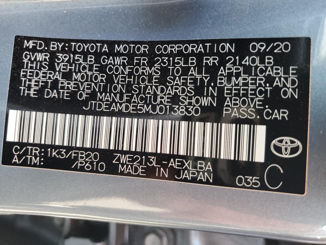 Lot #2960291744 2021 TOYOTA COROLLA LE