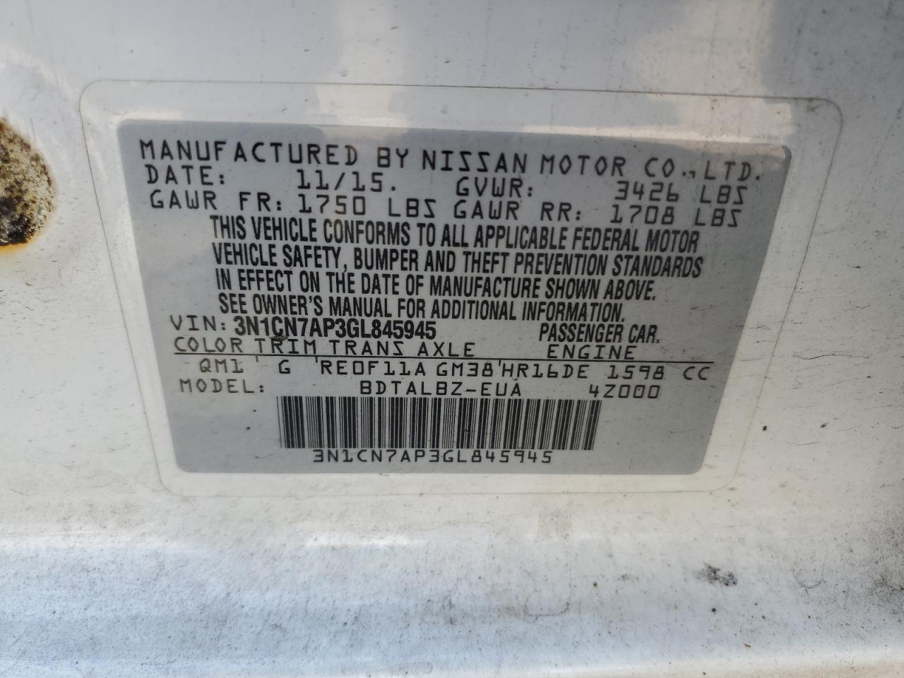 Lot #2935278336 2016 NISSAN VERSA S