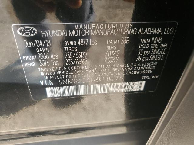 VIN 5NMS3CAD3KH001777 2019 Hyundai Santa Fe, Sel no.12