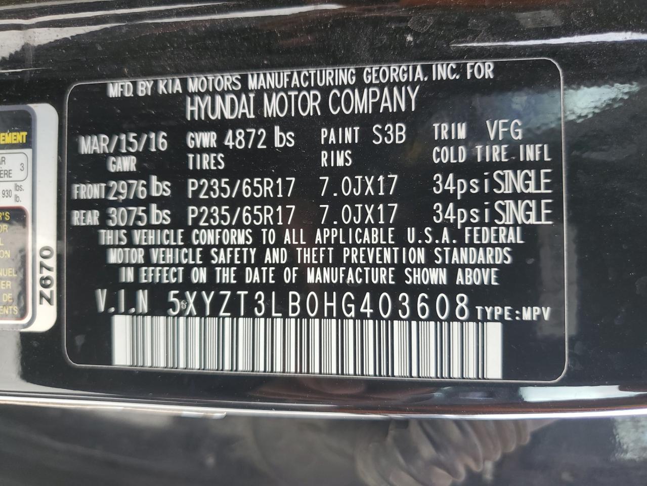 Lot #3025740332 2017 HYUNDAI SANTA FE S