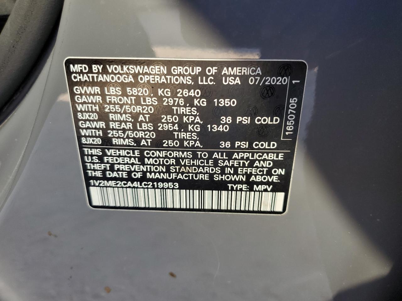 Lot #2979478940 2020 VOLKSWAGEN ATLAS CROS