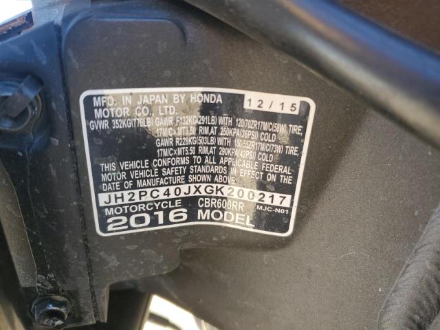 2016 HONDA CBR600 RR - JH2PC40JXGK200217