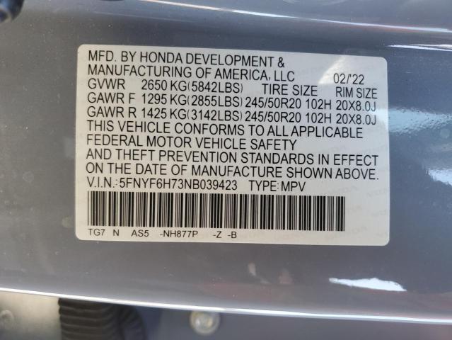 2022 HONDA PILOT BLAC - 5FNYF6H73NB039423