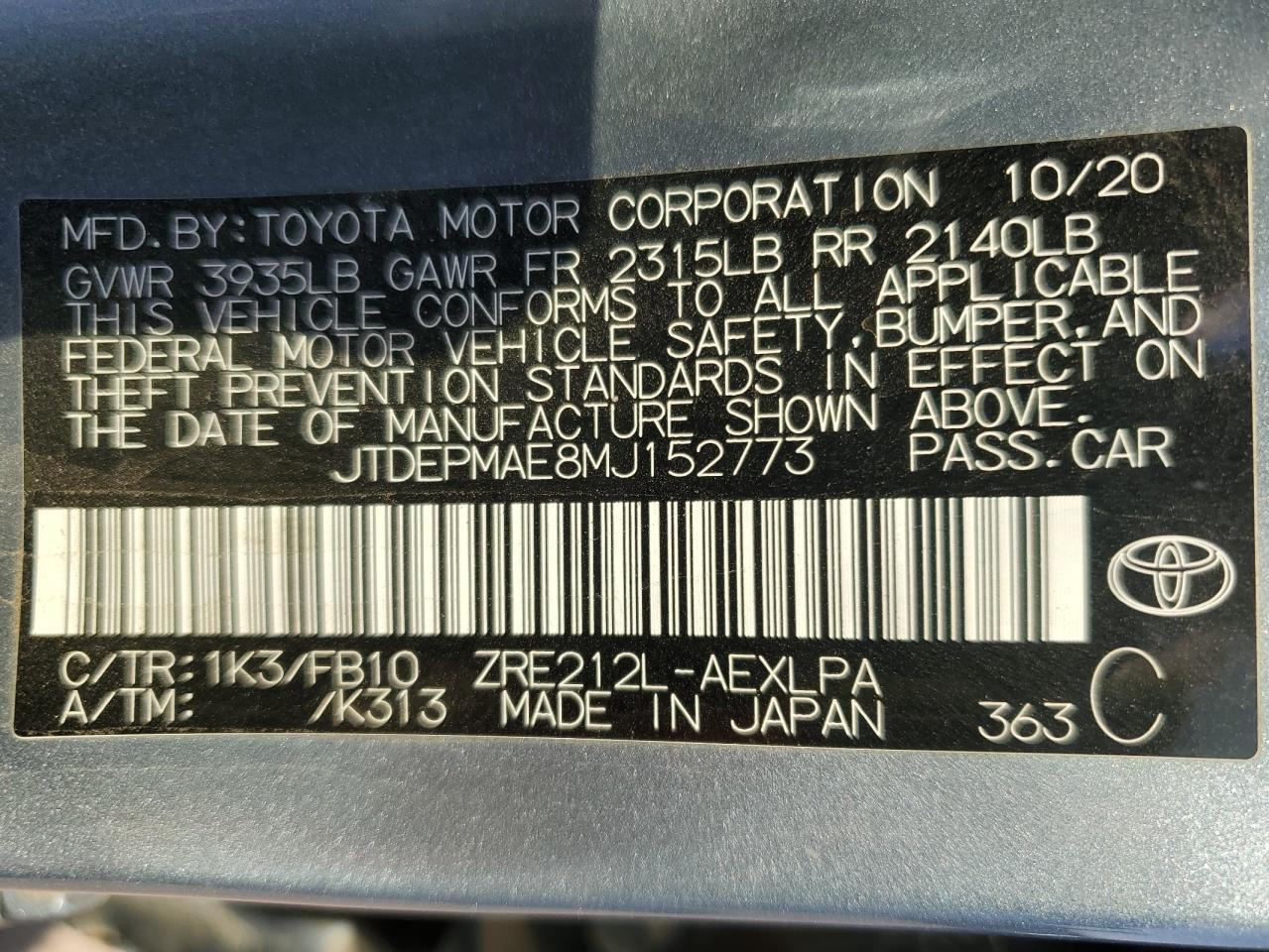 Lot #2945675661 2021 TOYOTA COROLLA LE