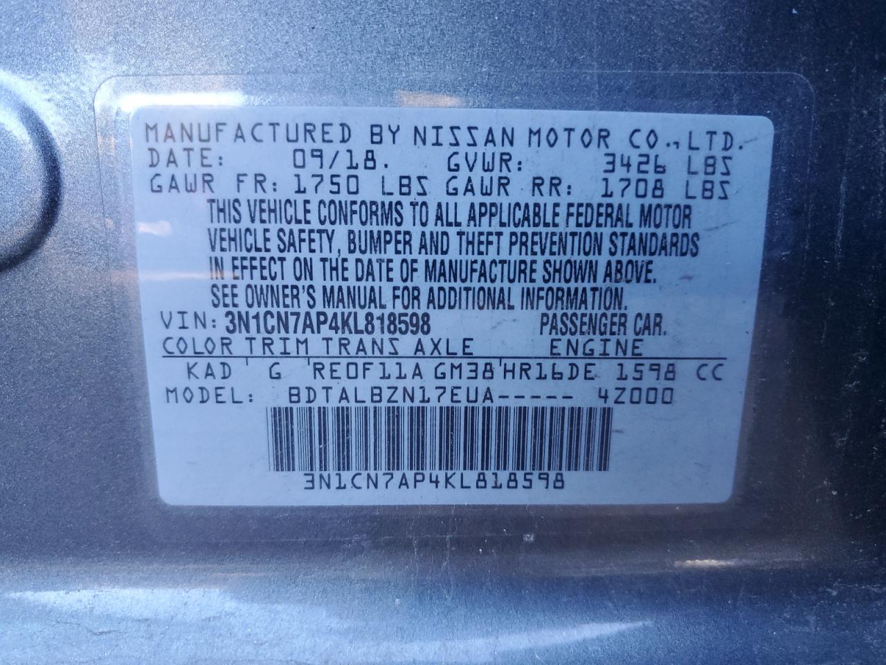 Lot #3003962511 2019 NISSAN VERSA S