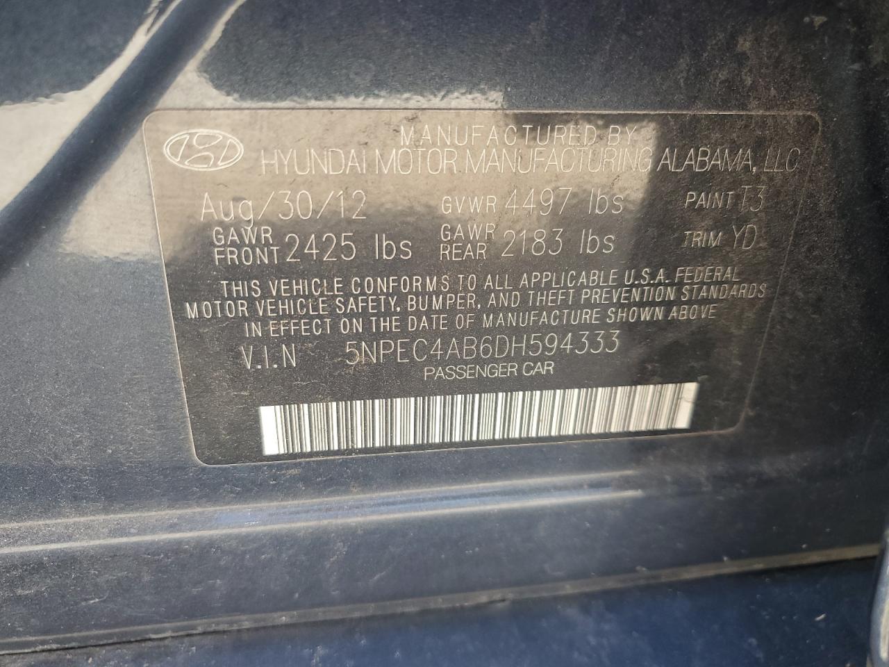 Lot #2962293027 2013 HYUNDAI SONATA SE