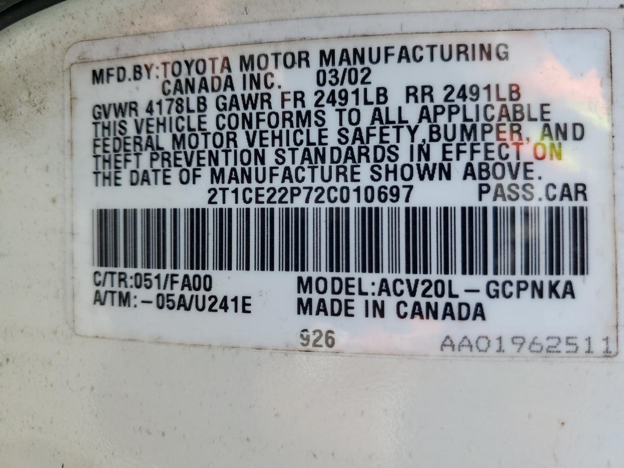 Lot #3030462494 2002 TOYOTA CAMRY SOLA