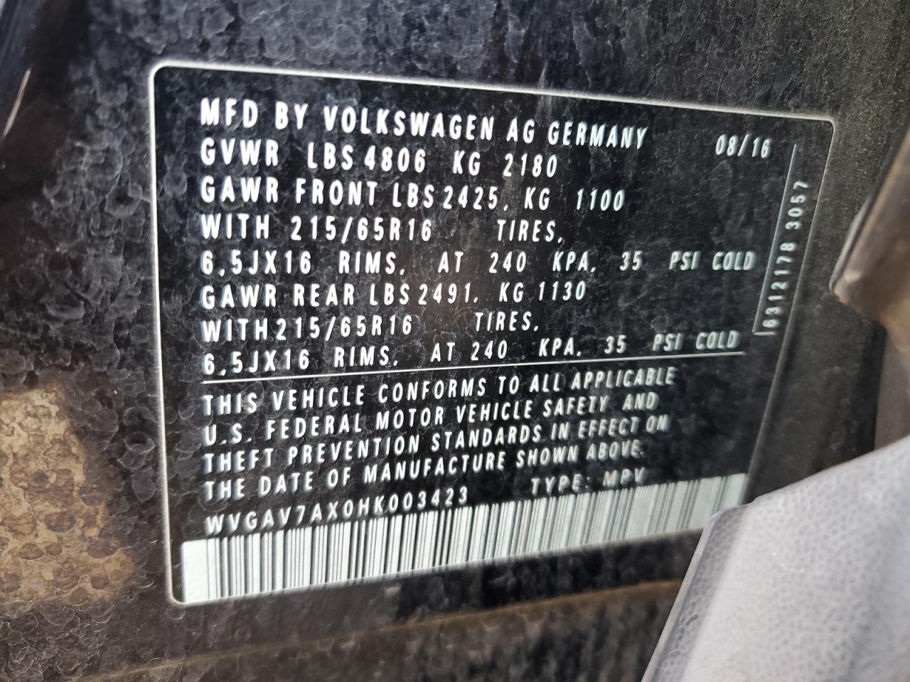 Lot #3028248789 2017 VOLKSWAGEN TIGUAN S