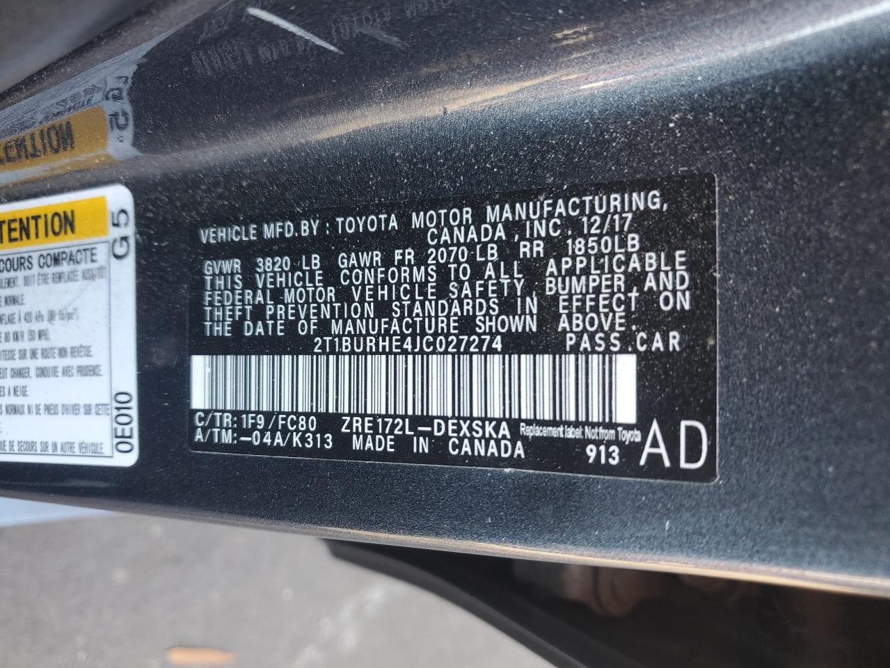 Lot #2943121394 2018 TOYOTA COROLLA L