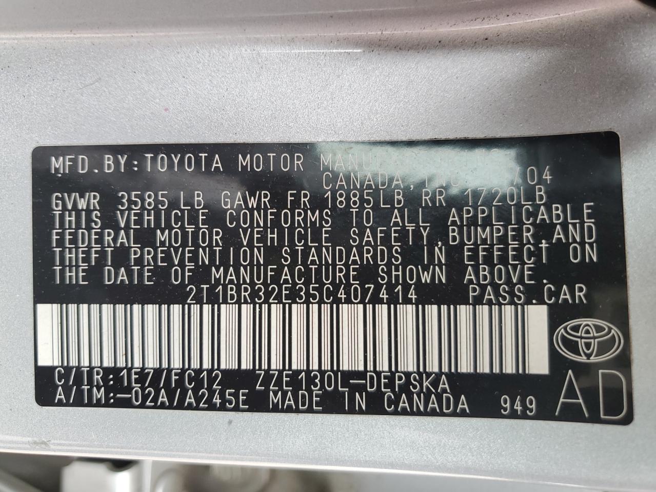 Lot #2979416658 2005 TOYOTA COROLLA CE