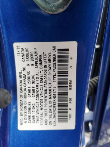 2HGFC2F81KH511713 2019 HONDA CIVIC
