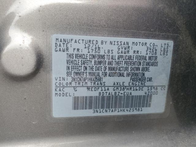 VIN 3N1CN7AP1HK425981 2017 Nissan Versa, S no.13