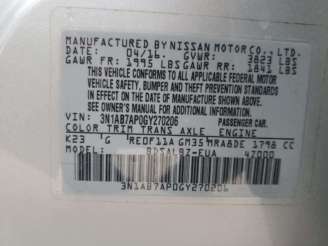 Lot #2976966601 2016 NISSAN SENTRA S